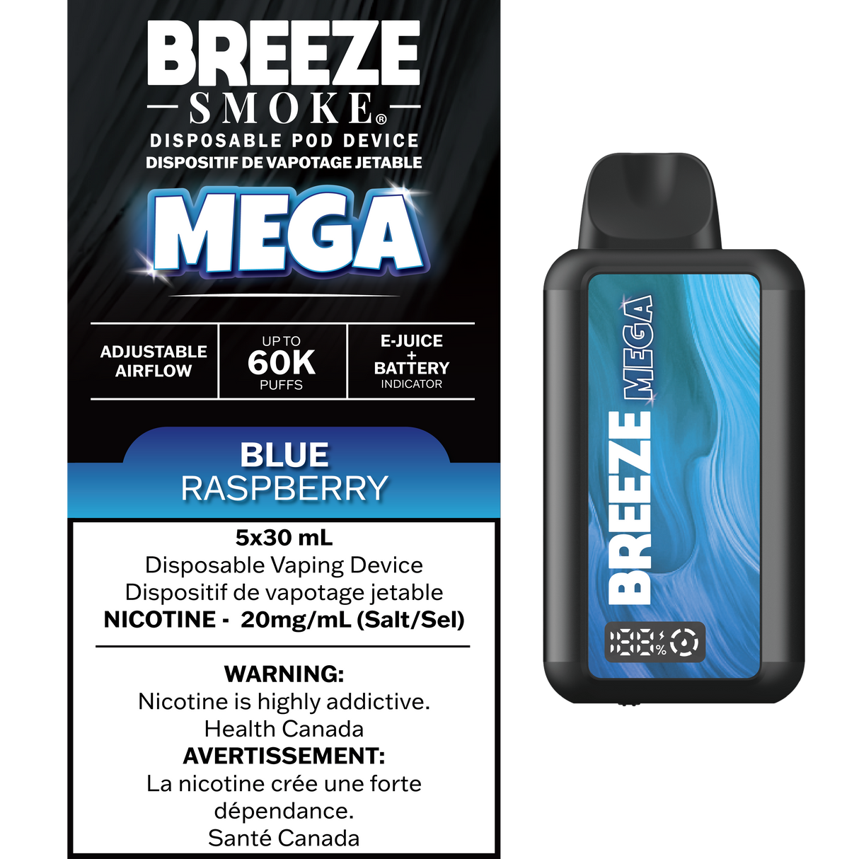 Blue Raspberry – Breeze Mega 60000 Puffs – 20mg Nicotine – 30mL e-liquid