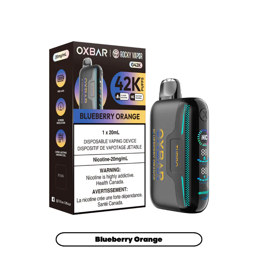 Rocky Vapor Oxbar G42K - Blueberry Orange Disposable Vape. 20ml e-liquid, 20mg/ml nicotine. 42K Puffs