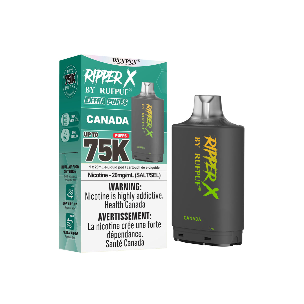 CANADA Ripper X 75k Vape Pod - Nicotine Strength 20mg/ml - E-Liquid Quantity 20ml - Puff Count 75000.