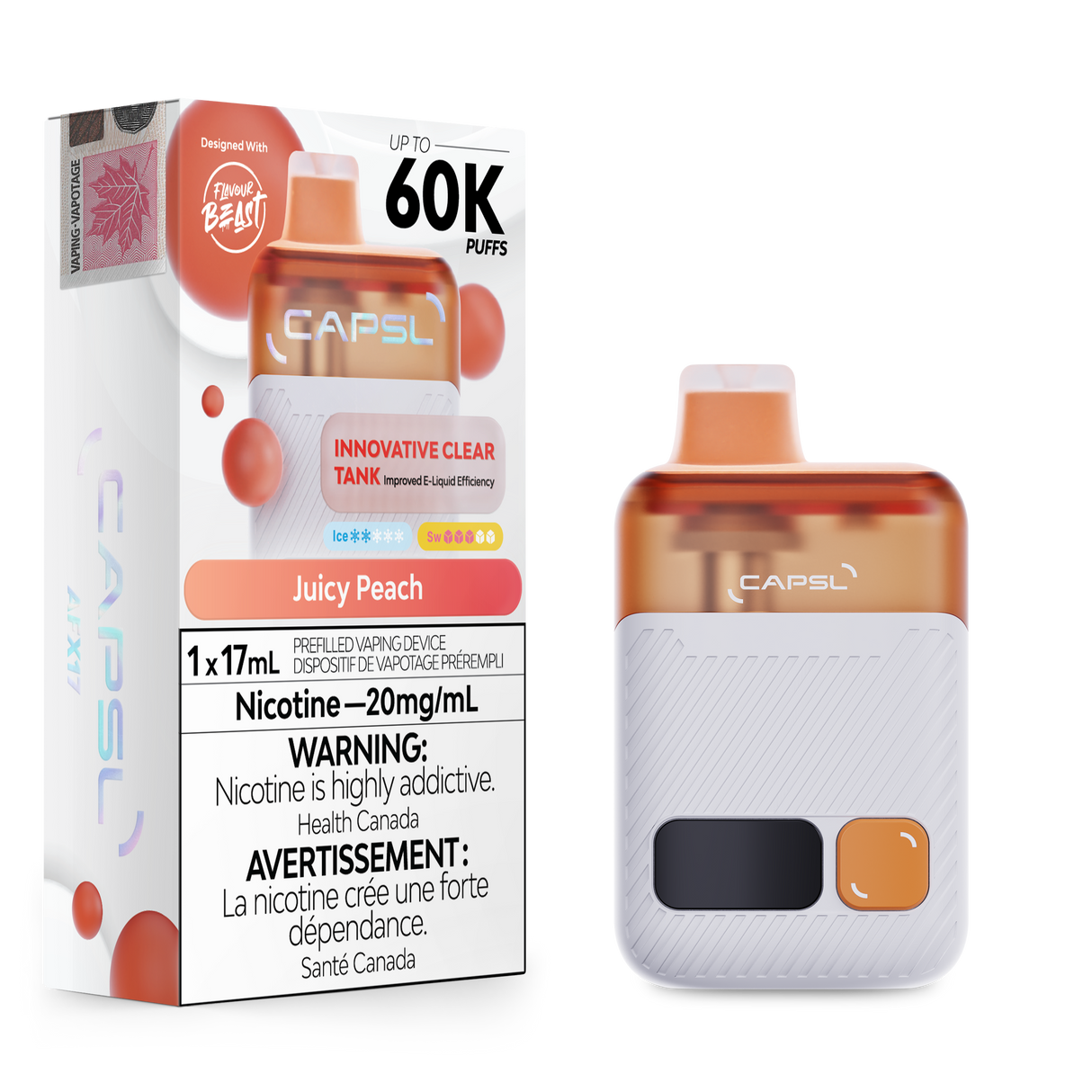 CAPSL 60K Juicy Peach disposable vape with 60000 puffs and 20mg nicotine strength shown with device and packaging.