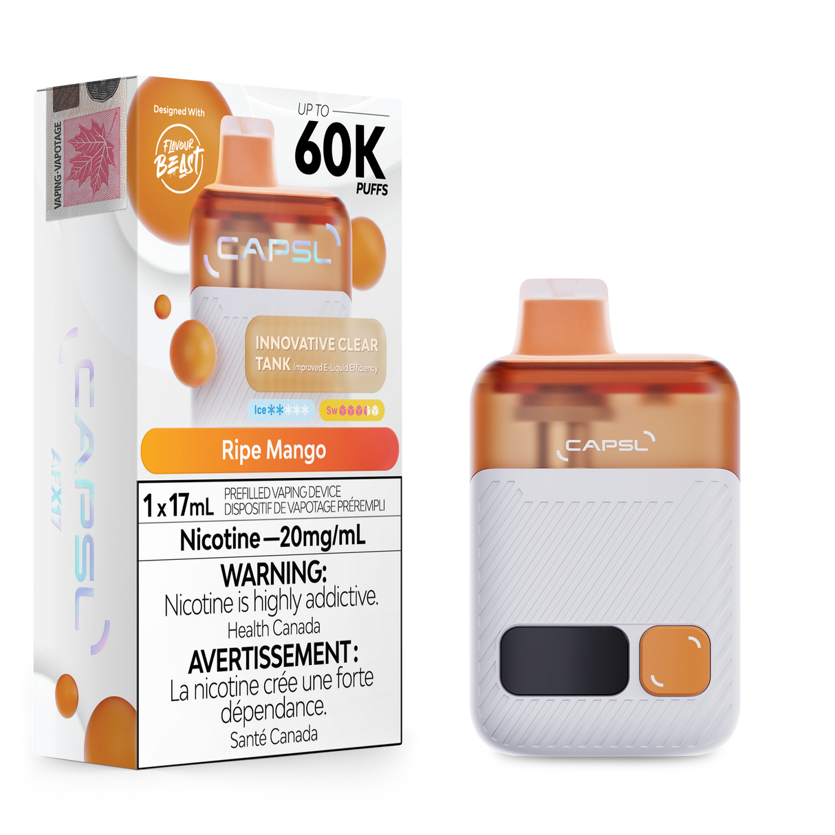 CAPSL 60K Ripe Mango disposable vape offering 60000 puffs and 20mg nicotine shown with the device and packaging.