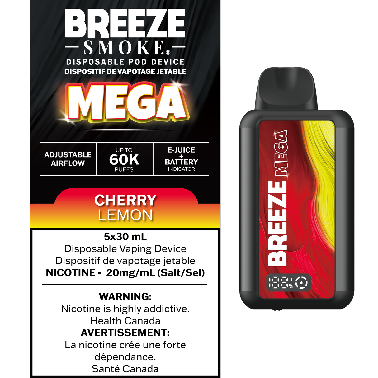 Cherry Lemon – Breeze Mega 60000 Puffs – 20mg Nicotine – 30mL e-liquid