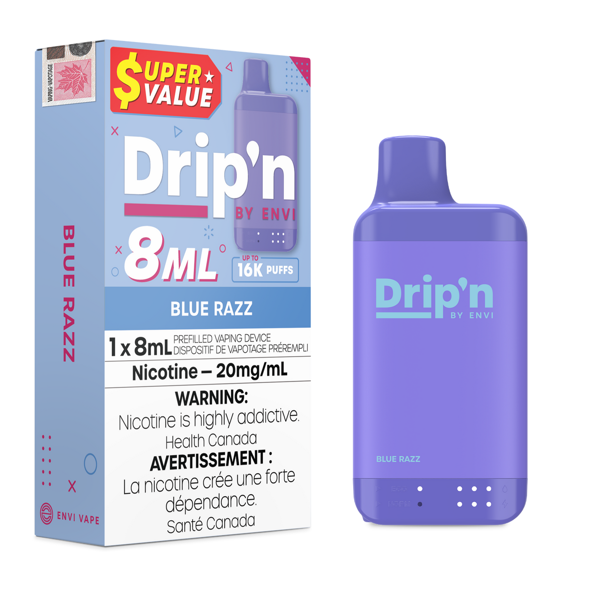 Blue Razz - Drip’n by Envi 16K puffs disposable vape - 20mg/ml nicotine strength - 8mL e-liquid