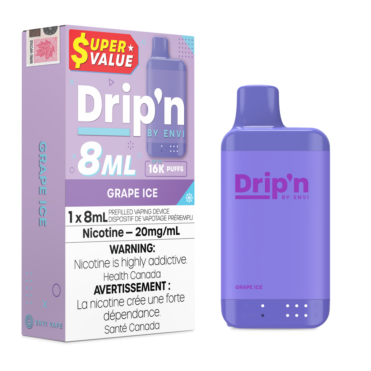 Grape Ice – Drip’n by Envi 16K puffs disposable vape - 20mg/ml nicotine strength - 8mL e-liquid