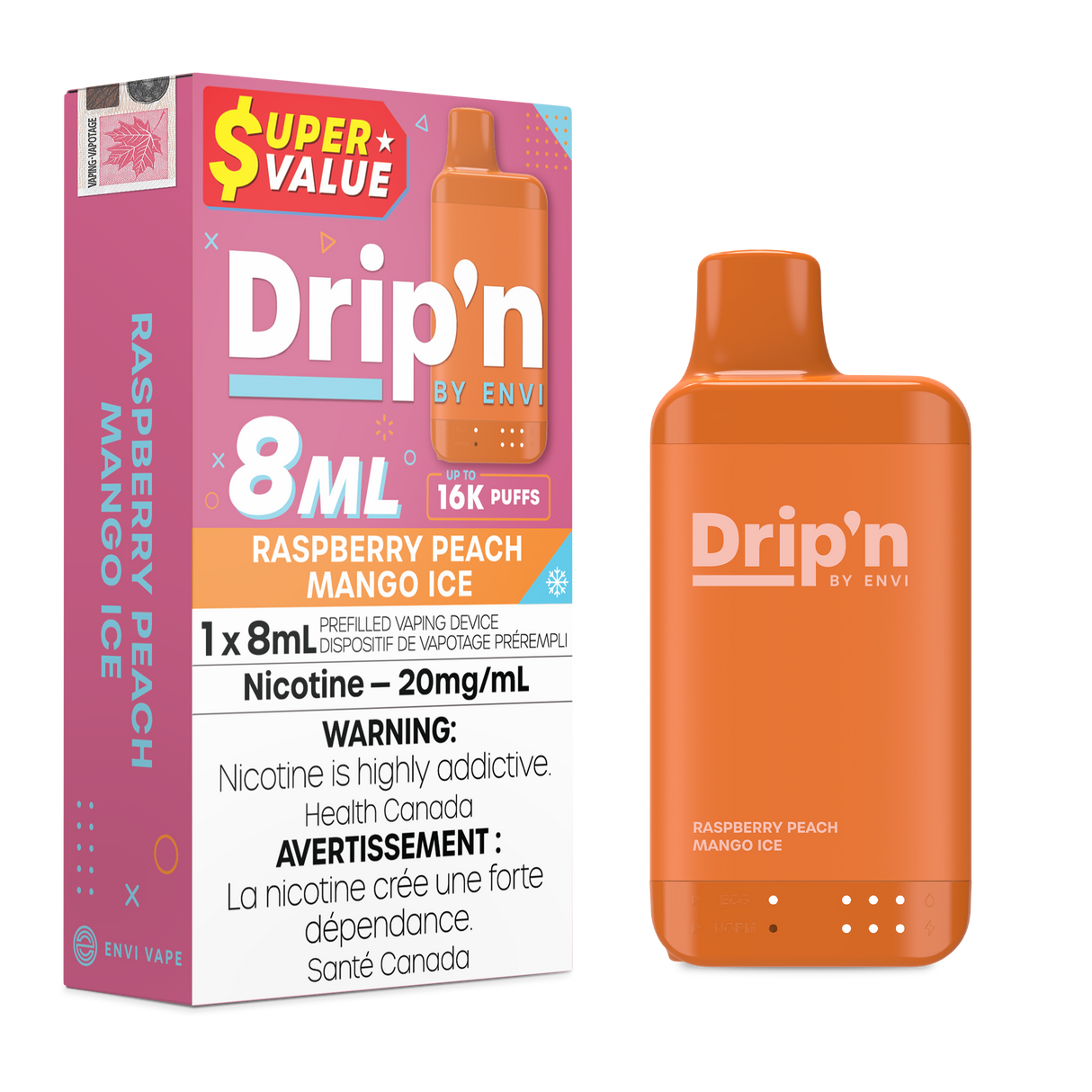 Raspberry Peach Mango Ice – Drip’n by Envi 16K puffs disposable vape - 20mg/ml nicotine strength - 8mL e-liquid