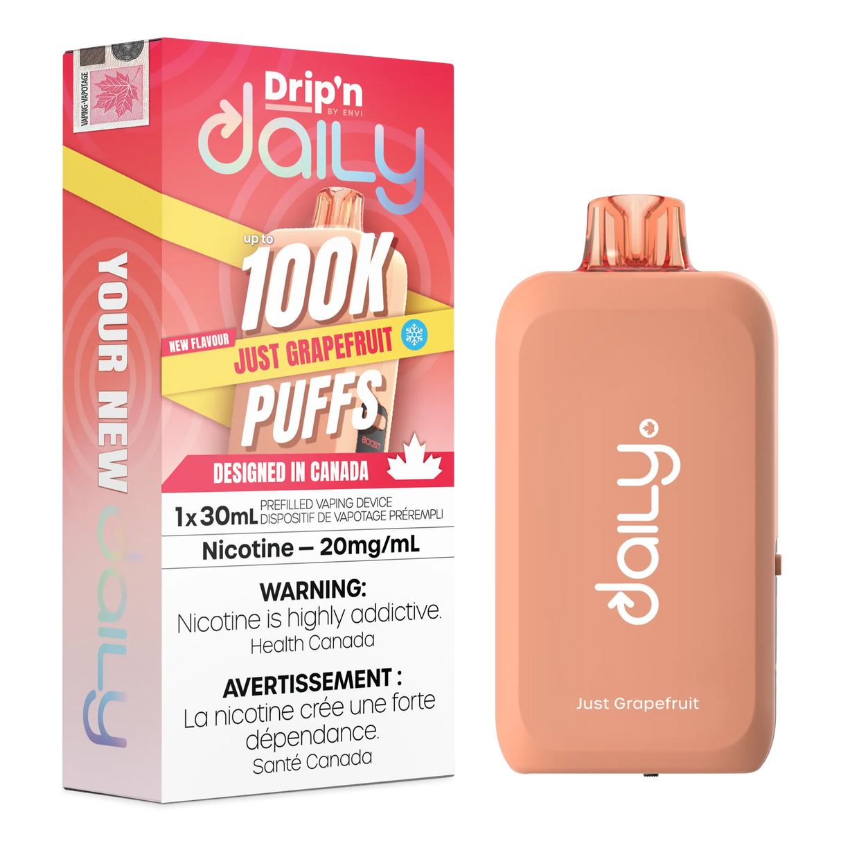 Just Grapefruit Drip’n Daily 30mL Disposable Vape with grapefruit flavour and 100,000 puffs