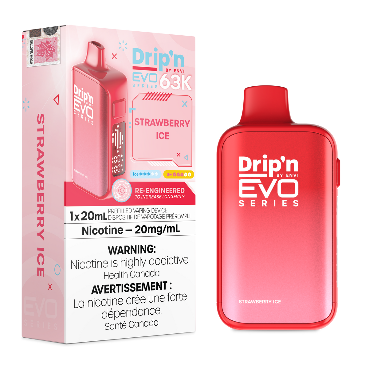 Drip’n by Envi EVO 63,000 puffs disposable vape Strawberry Ice 20mL E-liquid - Nicotine Strength 20mg/mL