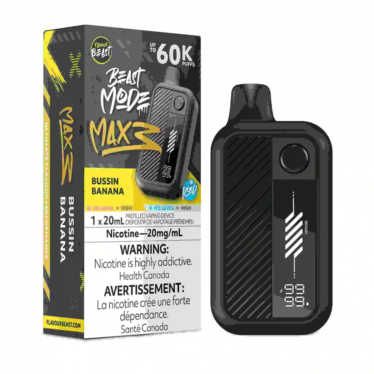 Bussin Banana Iced Flavour Beast Mode Max 3 60,000 puff disposable vape