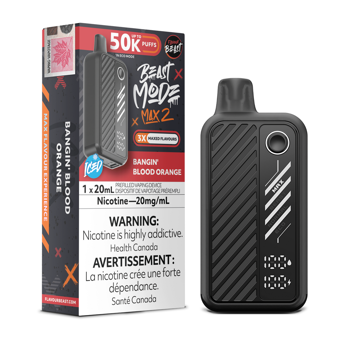 Bangin Blood Orange - Flavour Beast BeastMode Max 2 50K Disposable Vape - 20mL - 20mg/ml Nicotine strength.