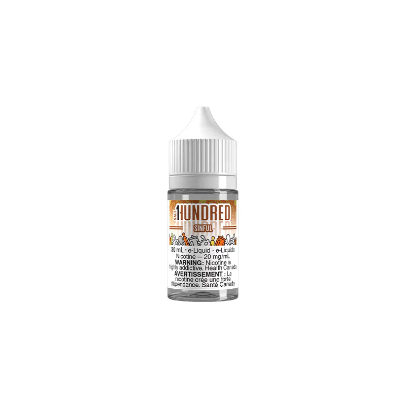 SINFUL Nic Salt Vape Juice By Hundred 30mL bottle with cocoa, vanilla, and golden dessert flavour profile.