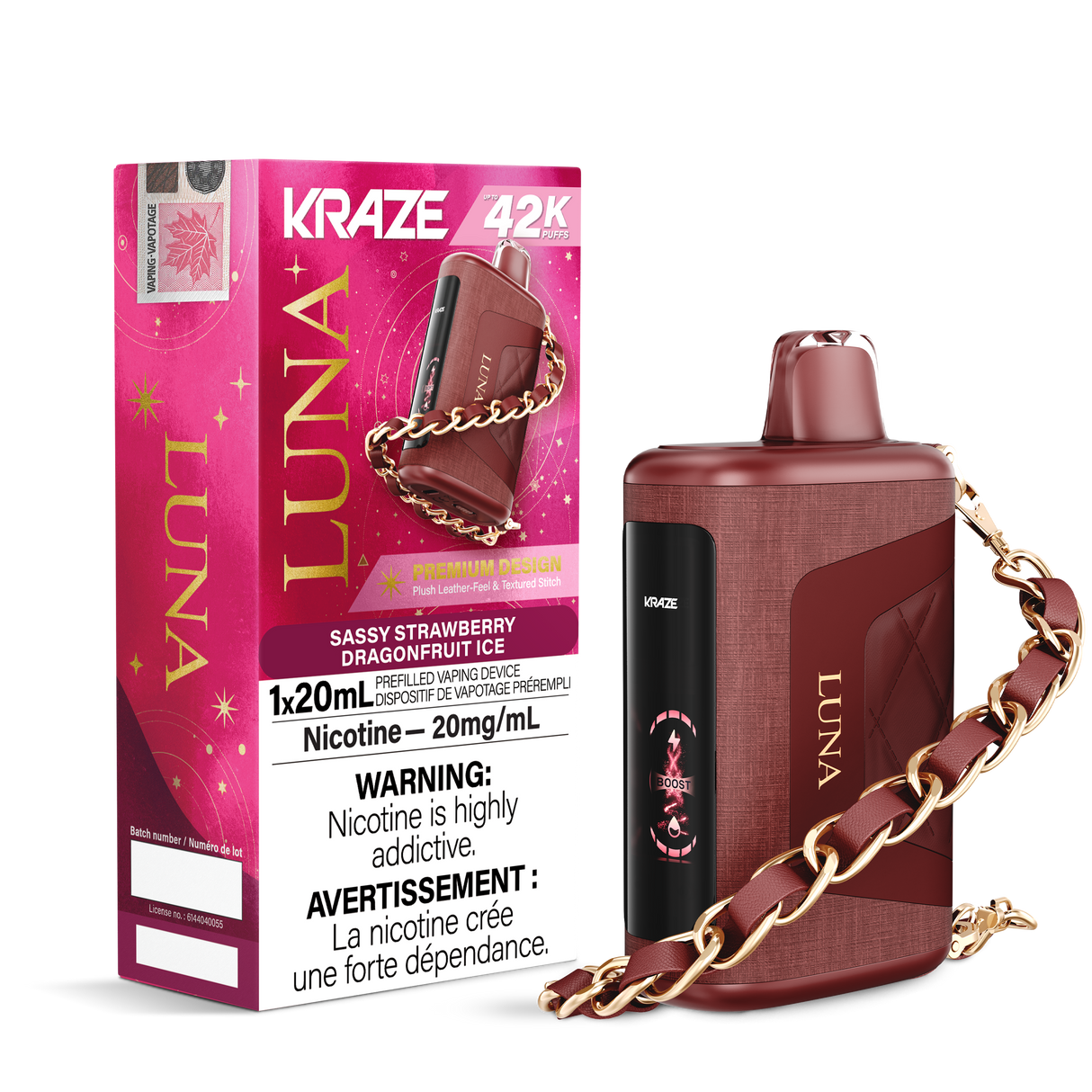Sassy Strawberry Dragon Fruit Ice - 42000 puffs - 20mg/ml nicotine strength - 20ml e-juice - KRAZE LUNA Disposable Vape 42K