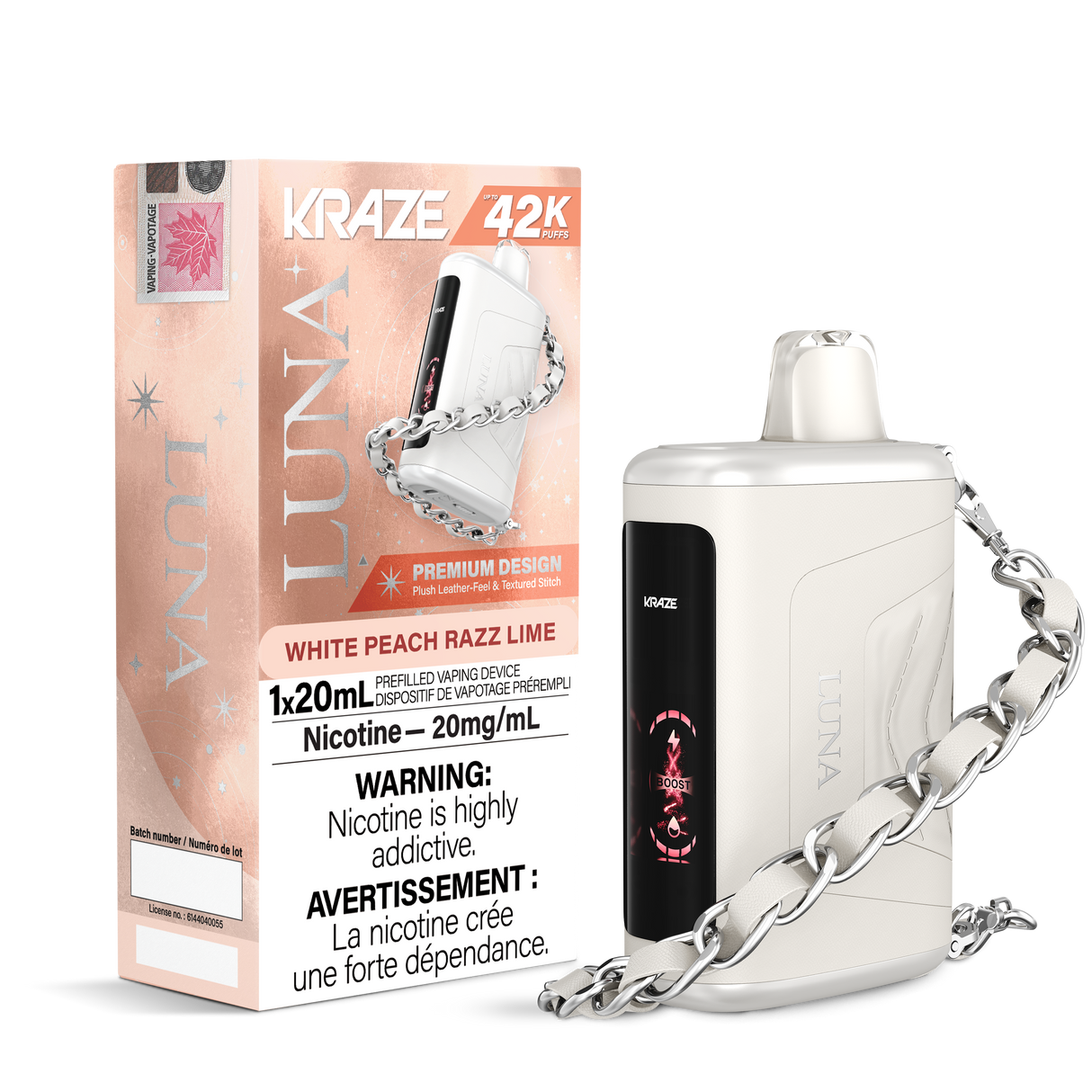 White Peach Razz Lime - 42000 puffs - 20mg/ml nicotine strength - 20ml e-juice - KRAZE LUNA Disposable Vape 42K