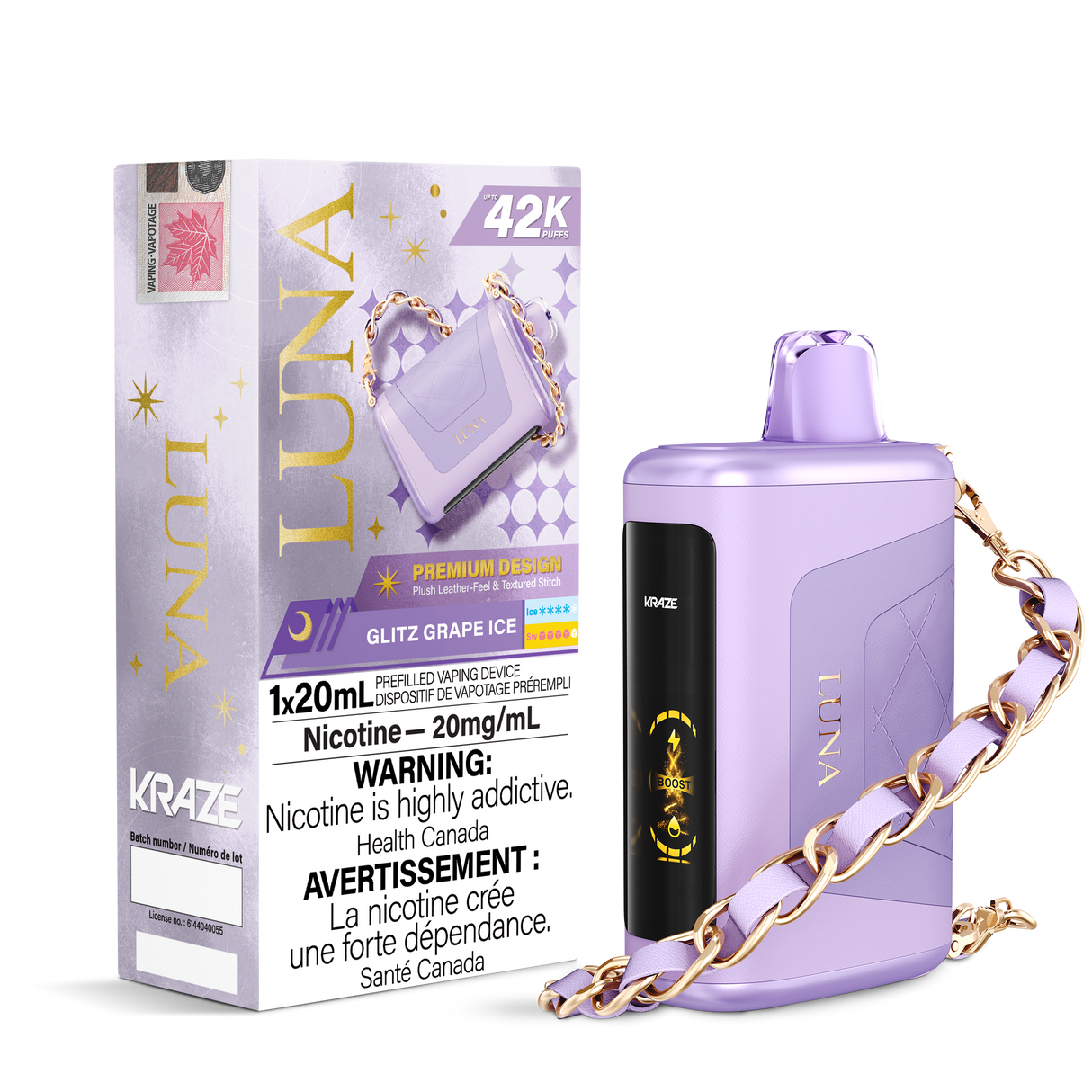 KRAZE LUNA 42k Puffs Disposable Vape, 20mL Prefilled vaping device - Glitz Grape Ice