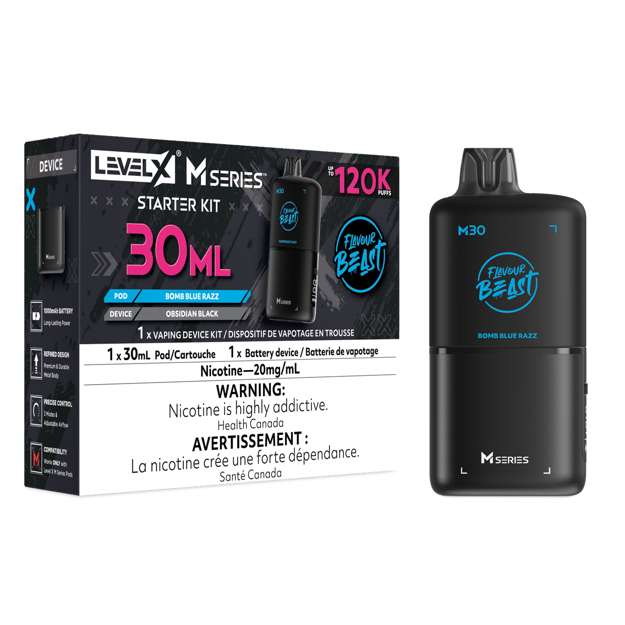 Level X Bomb Blue Razz M30 120K Starter Kit with 30mL blue raspberry pod, digital display and rechargeable battery