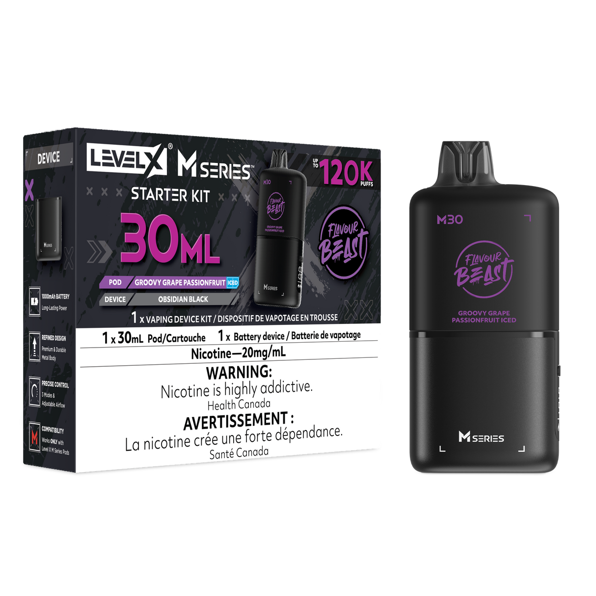 Level X M30 Groovy Grape Passionfruit 120K Starter Kit with 30mL prefilled pod and Obsidian Black battery