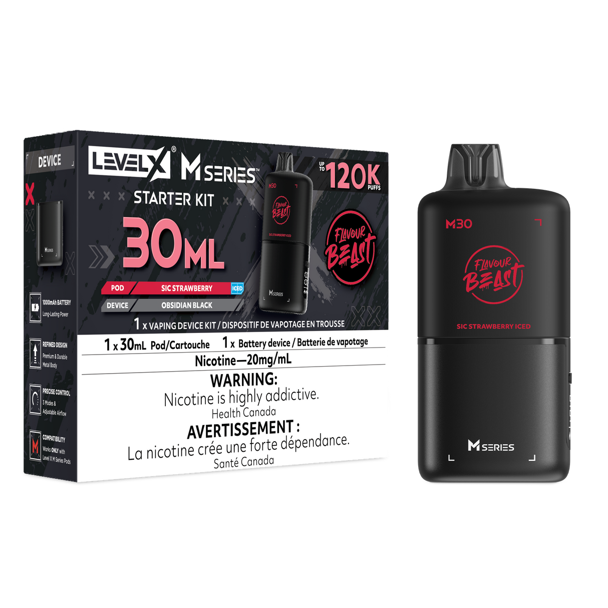 Level X M30 Sic Strawberry Iced 120K Starter Kit with 30mL strawberry ice pod and rechargeable Obsidian Black battery