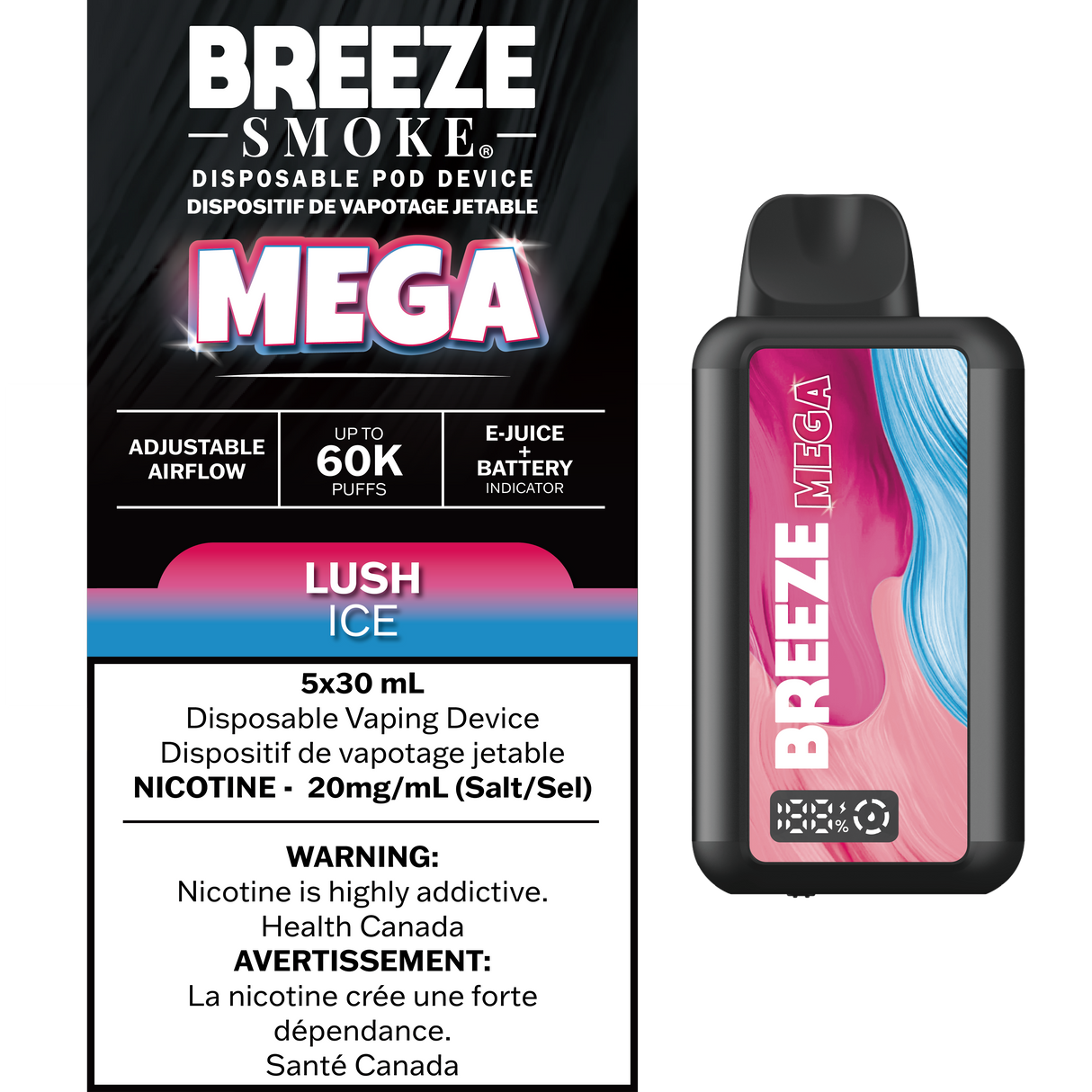 Lush Ice – Breeze Mega 60000 Puffs – 20mg Nicotine – 30mL e-liquid