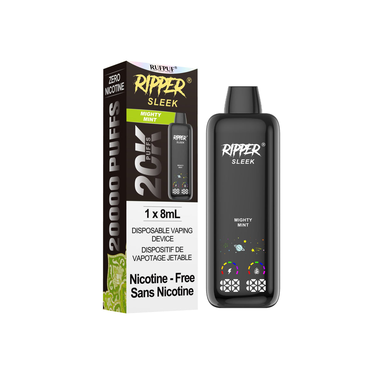 Mighty Mint Ripper SLEEK zero nicotine disposable vape with 20,000 puffs, 8mL 0mg e-liquid, dual mesh coil, and glossy glass finish – Quality Vapes Canada.