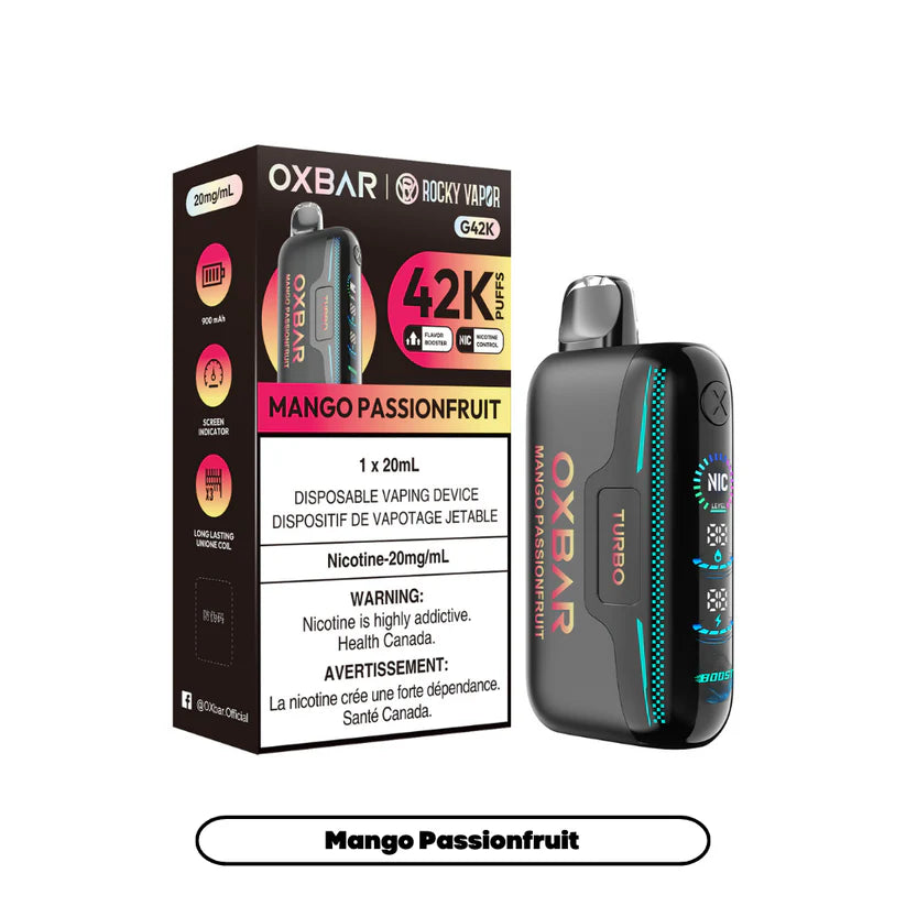 Rocky Vapor Oxbar G42K - Mango Passionfruit Disposable Vape. 20ml e-liquid, 20mg/ml nicotine. 42K Puffs