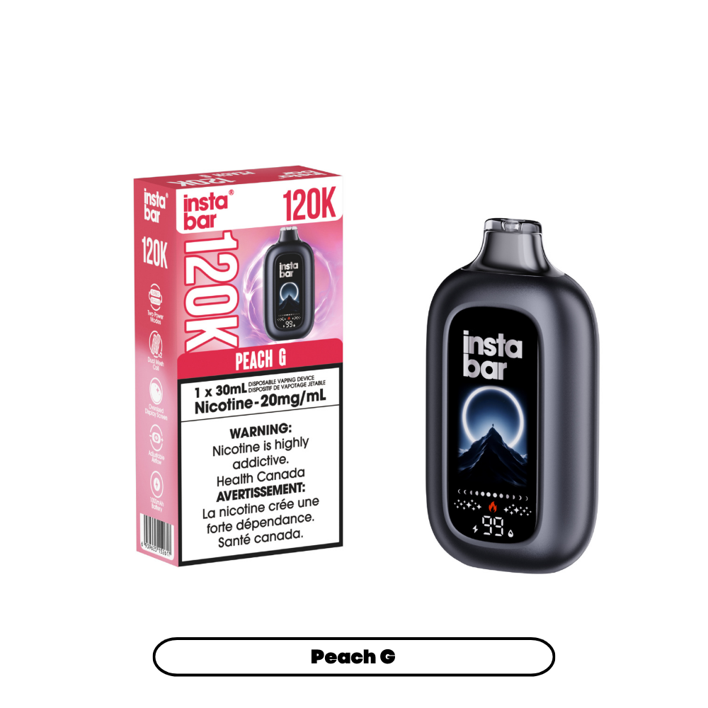 : INSTA BAR 120K Disposable Vape Peach G with up to 120,000 puffs and dual mesh coil in Canada