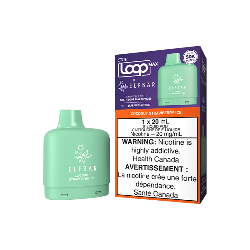 Coconut Strawberry Ice STLTH LOOP MAX x ELFBAR 20mL pod creamy strawberry coconut ice 50,000 puffs at Quality Vapes Canada