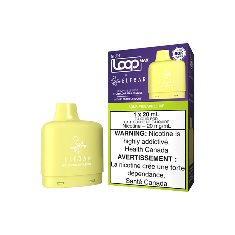 Sour Pineapple Ice STLTH LOOP MAX x ELFBAR 20mL pod sour iced pineapple 50,000 puffs 20mg at Quality Vapes Canada