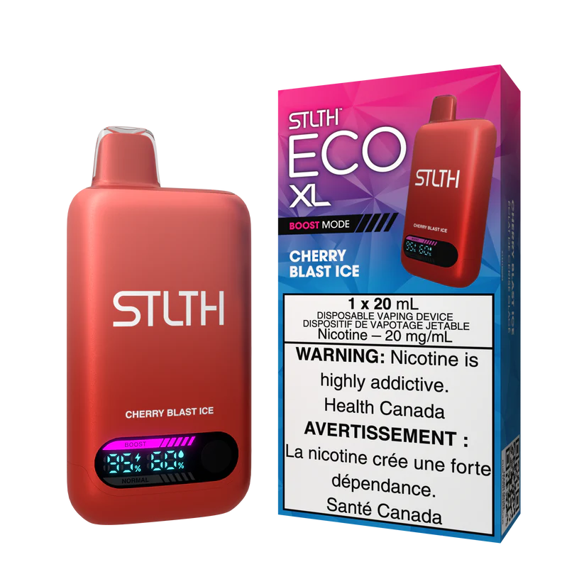 STLTH ECO XL Cherry Blast Ice disposable vape device shown with packaging featuring cherry flavour and icy finish design