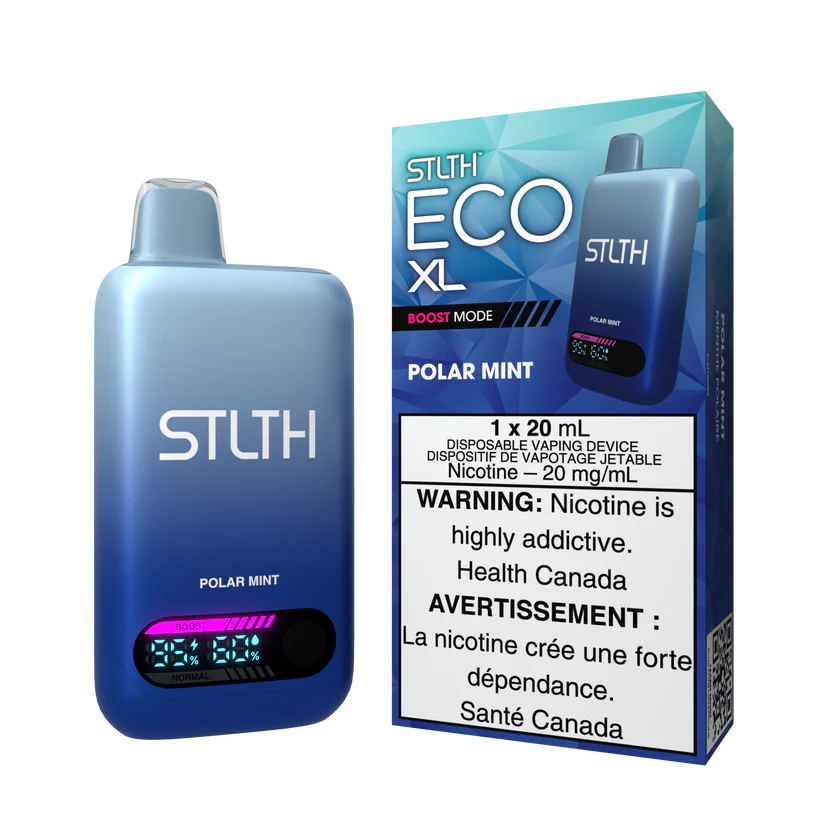 STLTH ECO XL Polar Mint vape device shown with packaging featuring mint leaves and cool icy theme