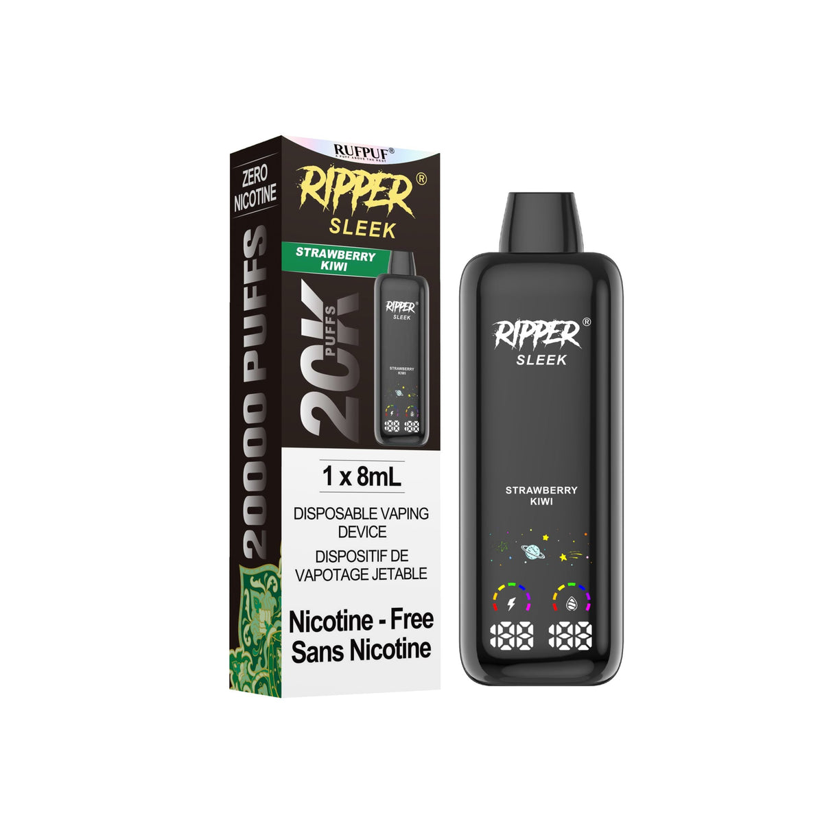 Strawberry Kiwi Ripper SLEEK zero nicotine disposable vape with 20,000 puffs, 8mL 0mg e-liquid, dual mesh coil.