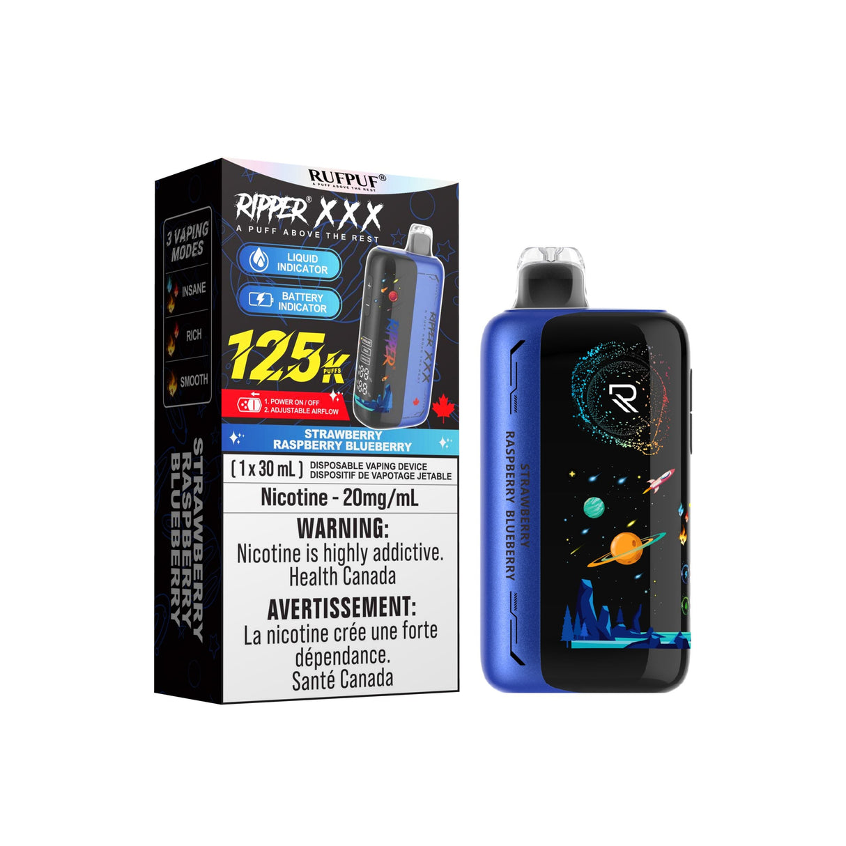 Strawberry, raspberry, and blueberry fusion. 125K puffs, 30mL e‑liquid, 20mg nicotine, dual mesh coil, Smooth/Rich/Insane modes.