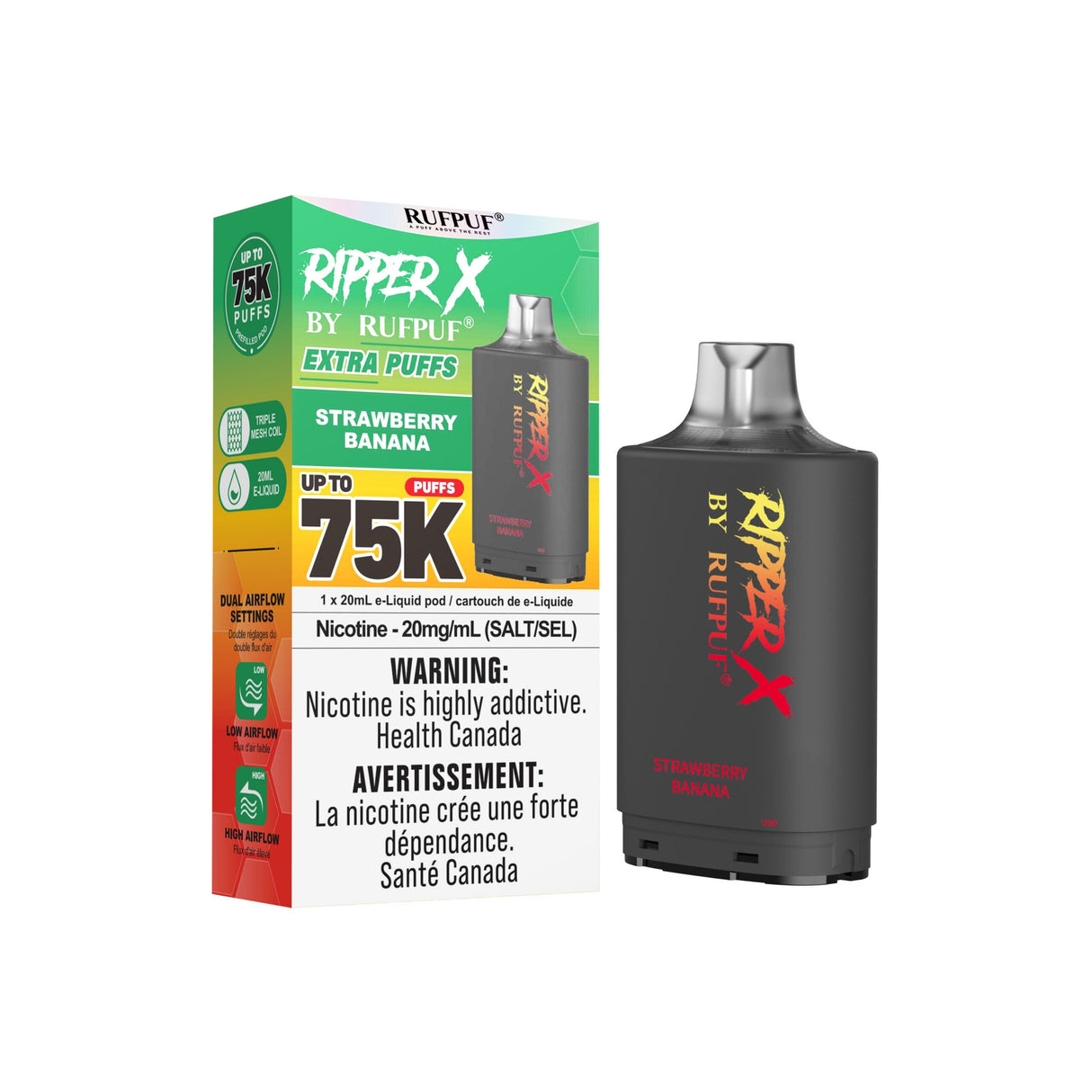 Ripper X 75k by Ruff puff vape device and packaging on a white background