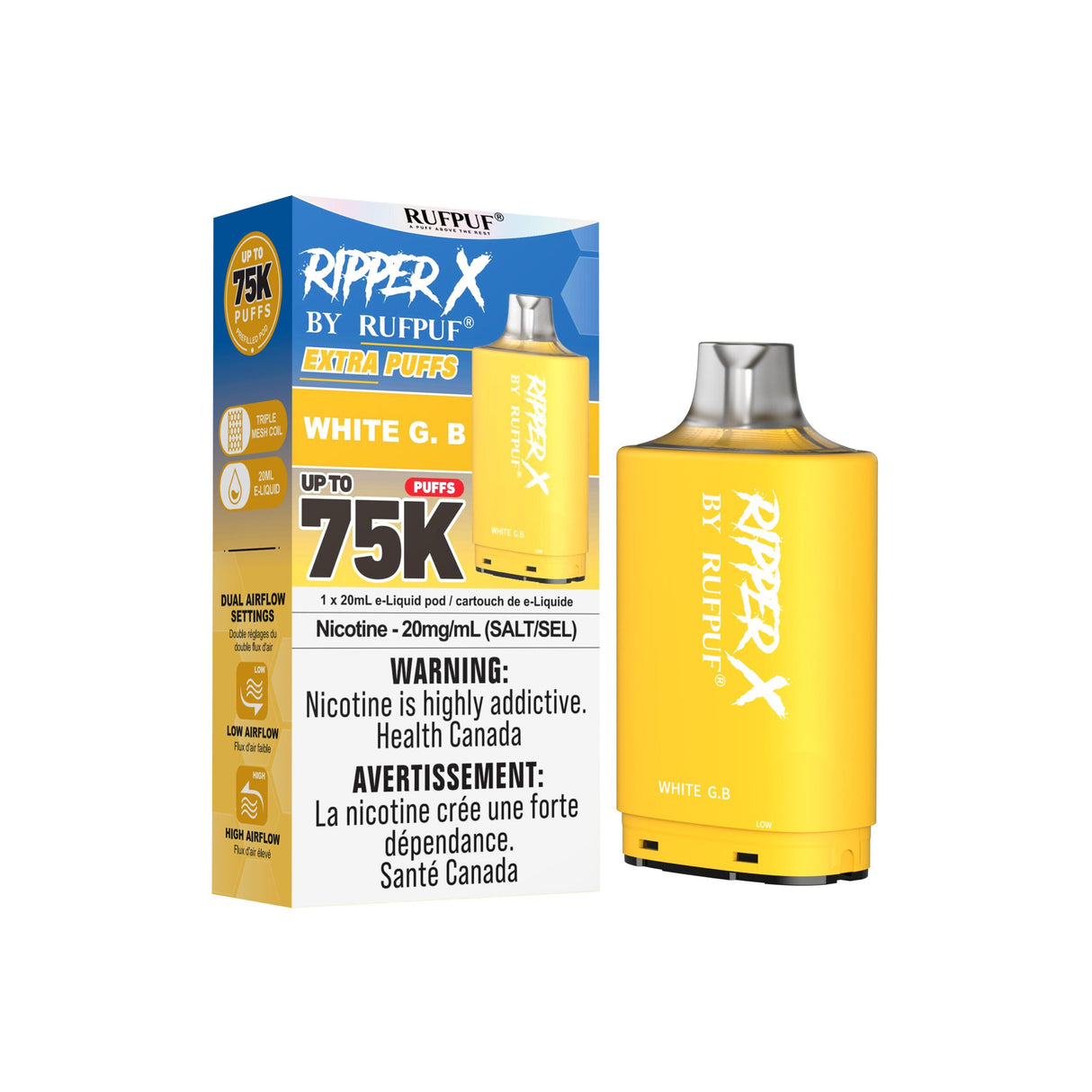WHITE G.B Ripper X 75k Vape Pod - Nicotine Strength 20mg/ml - E-Liquid Quantity 20ml - Puff Count 75000.