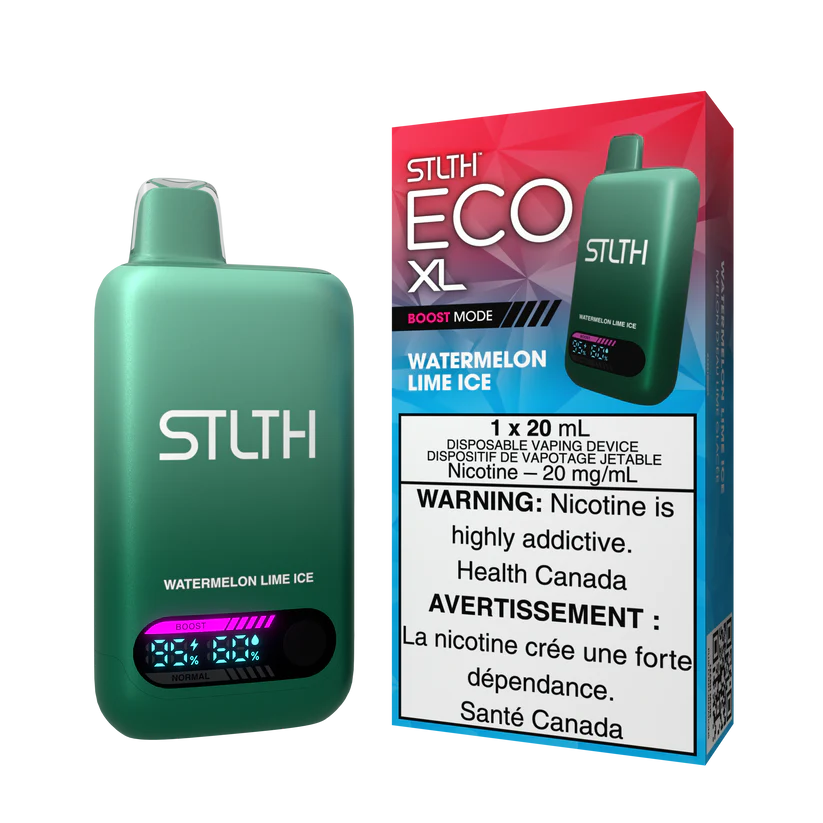 STLTH ECO XL Watermelon Lime Ice disposable vape shown with retail box highlighting watermelon fruit and lime cooling flavor