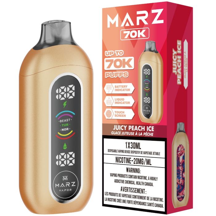 Juicy Peach Ice - 70000 puffs - 20mg/ml nicotine strength - 30ml e-juice - Marz 70K Disposable Vape
