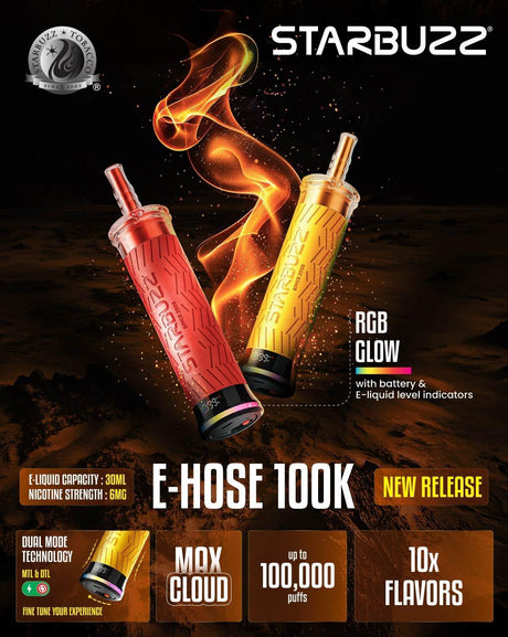 Starbuzz E-Hose 100K disposable shisha vape—two RGB-glow devices with “up to 100,000 puffs,” 30 mL, 6 mg, dual MTL/DTL, and battery/e-liquid level indicators; new release in Canada, exclusive at Quality Vapes.