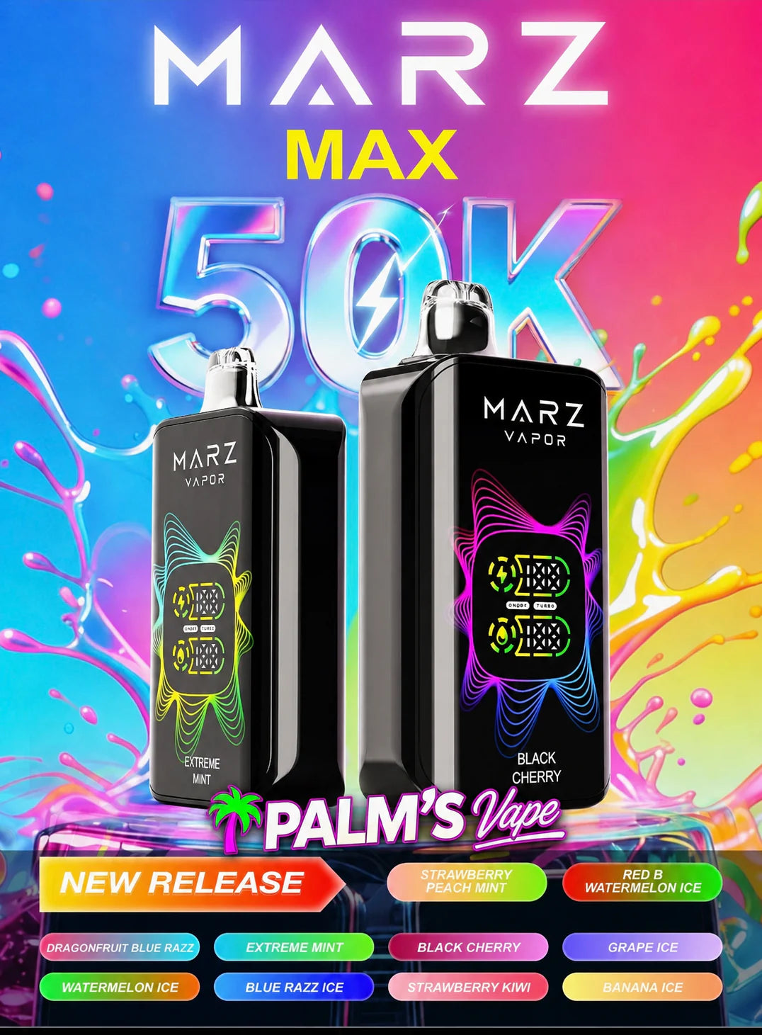 Marz Max 50K disposable vape with 20mL nic salt, up to 50,000 puffs, and assorted fruit, mint, and ice flavours.