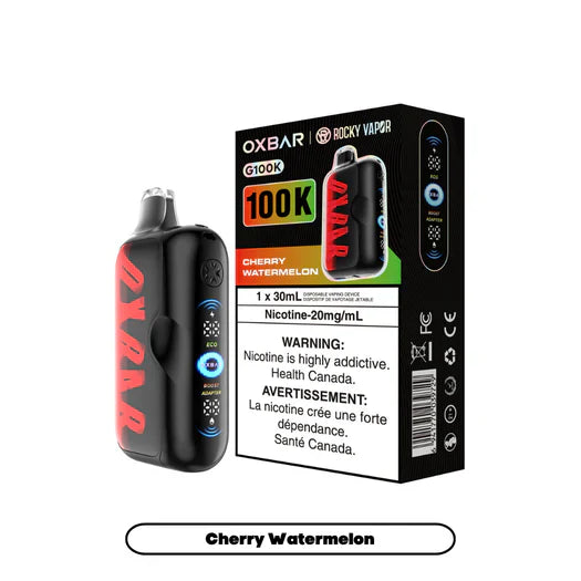 OXBAR Rocky Vapor G100K Cherry Watermelon disposable vape with 100K puff capacity, 30mL e-liquid, 20mg/mL nicotine strength, and retail packaging.