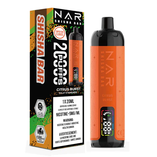 NAR Shisha Bar 20K disposable hookah vape with 20mL e-liquid capacity, 1000mAh rechargeable battery, adjustable airflow, battery and e-liquid indicators, and shisha-inspired flavours.