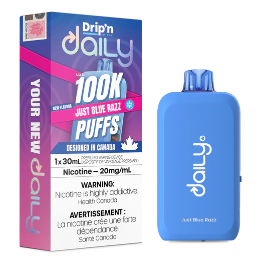 Drip’n Daily 30mL Disposable Vape with 100,000 puff capacity, Eco and Boost modes, Daily Display, dual mesh coil, adjustable airflow, and rechargeable 850mAh battery.