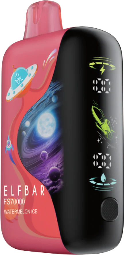 ELFBAR FS70000 disposable vape with pink space-themed design, digital display screen, side button, and compact rounded body.
