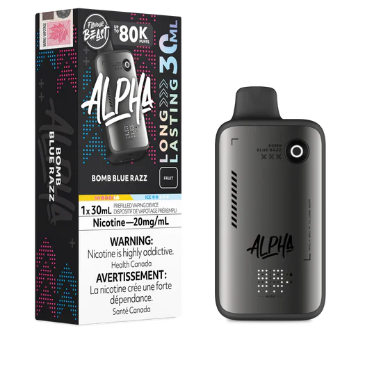 Flavour Beast Alpha 80K Disposable Vape featuring 30mL e-liquid capacity, retro dot matrix display, premium metal panel, adjustable airflow, four power levels, and up to 80,000 puffs.