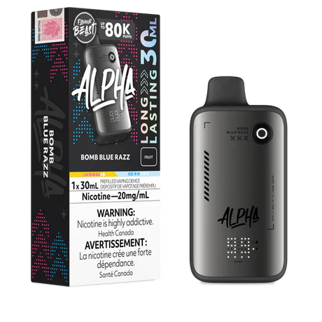Flavour Beast Alpha 80K Disposable Vape featuring 30mL e-liquid capacity, retro dot matrix display, premium metal panel, adjustable airflow, four power levels, and up to 80,000 puffs.