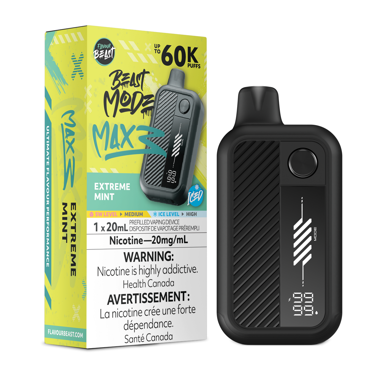 Flavour Beast Mode Max 3 disposable vape with 60,000 puff capacity, Flavour Burst technology, smart display, adjustable airflow, and four power modes.