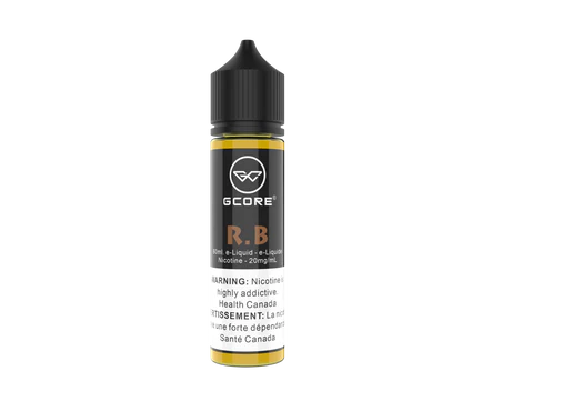 GCORE Vape Juice nicotine salt e-liquid bottles in 30mL and 60mL sizes with 20mg nicotine strength, 50VG/50PG blend, and fruit, ice, tropical, and tobacco flavour options.