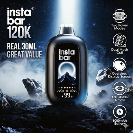 Insta Bar 120K disposable vape featuring 30mL capacity, dual mesh coil, two power modes, oversized display screen, adjustable airflow, and 1000mAh battery.