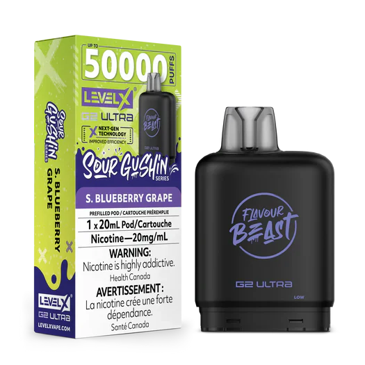Flavour Beast LEVEL X G2 Ultra Sour Gushin S. Blueberry Grape prefilled pod with 20mL e-liquid, 20mg/mL nicotine strength, up to 50,000 puffs, and black pod device packaging.