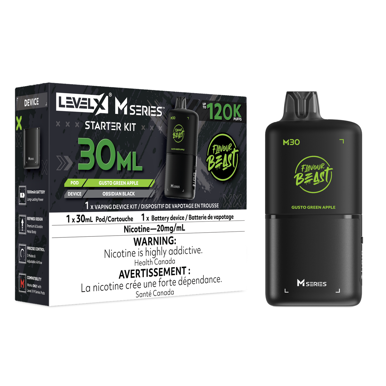 Level X M30 Gusto Green Apple Iced 120K Starter Kit with 30mL green apple ice pod and rechargeable battery