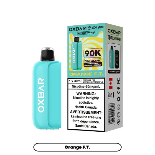 OXBAR Rocky Vapor Refresh Series 90K MagLink F.T. prefilled pod with 30mL capacity, 20mg/mL nicotine strength, turquoise pod design, and retail packaging.