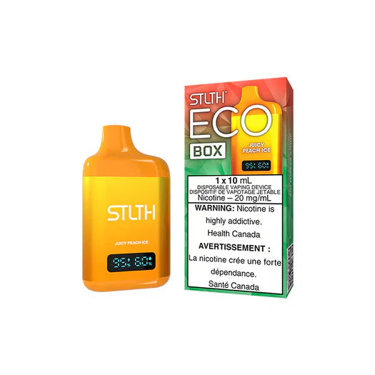 STLTH ECO BOX Juicy Peach Ice disposable vape with orange and yellow design, 10mL e-liquid capacity, 20mg/mL nicotine strength, digital display, and retail packaging.