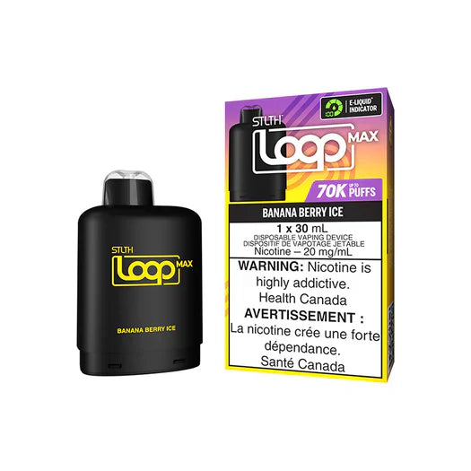 STLTH LOOP MAX 70K prefilled pod with 30mL e-liquid capacity, 20mg nicotine strength, soft-tip mouthpiece, magnetic connection, and up to 70,000 puffs.